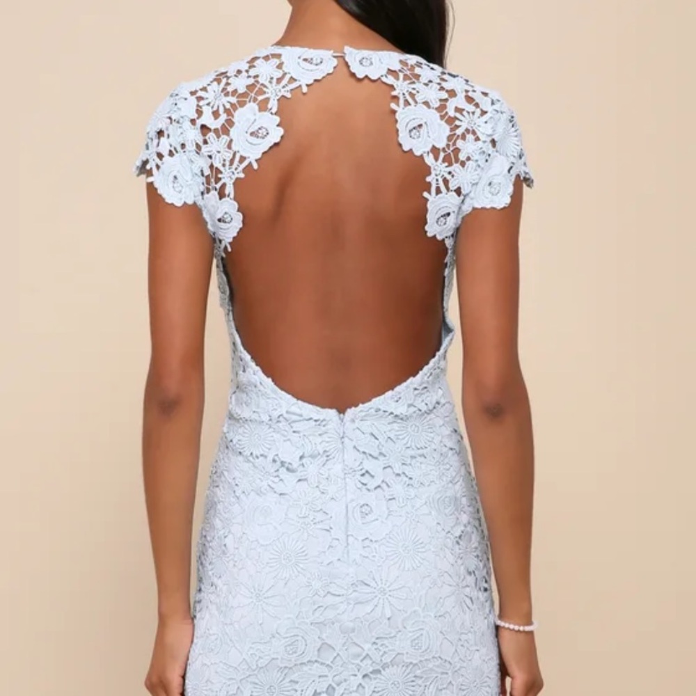 Lulu's Romance Language Light Blue Backless Lace Dress